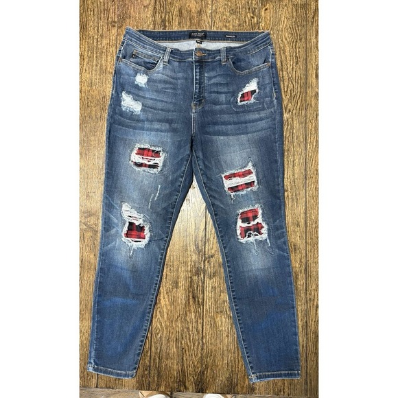 Judy Blue Denim - Judy Blue Women Buffalo Plaid Patch skinny fit jeans Distressed 1XL Stretch